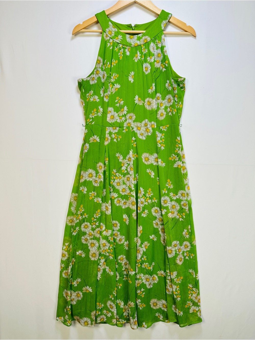 Tommy Hilfiger Green Daisy Floral Metallic Chiffon Midi Dress Size 6